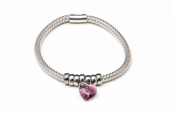 Purple Crystal Heart on Stretch .925 Silver Bracelet