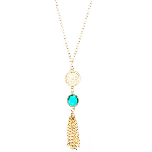 Gold	Chain Necklace with Tassel, Bali Charm & Choice of Stone
